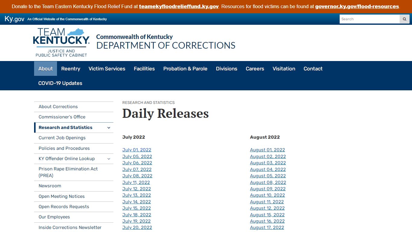 Daily Releases - Department of Corrections - Kentucky